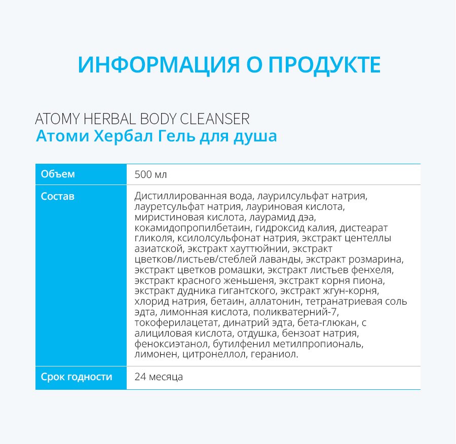Информация о продукте Атоми Хербал гель для душа: объём, состав, срок годности