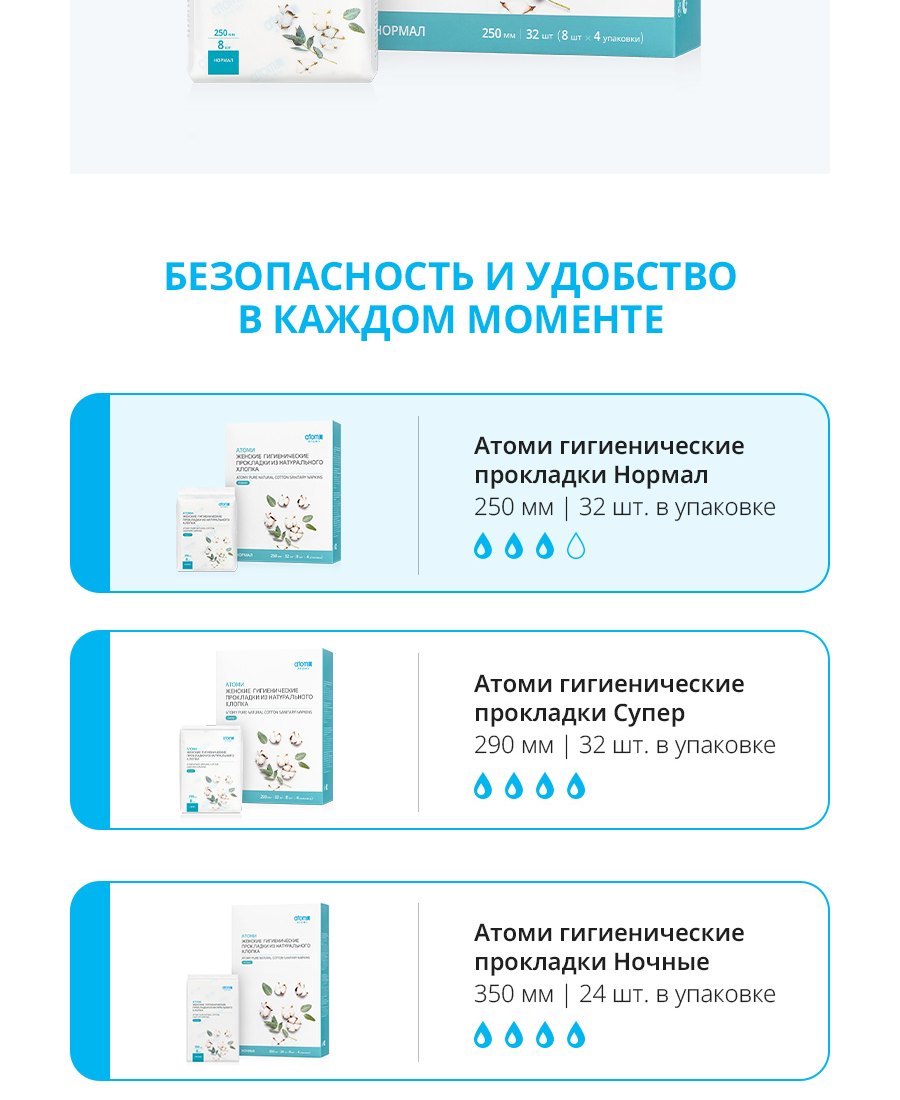 Линейка прокладок Атоми: Нормал 250 мм, Супер 290 мм, Ночные 350 мм, Ежедневные 160 мм