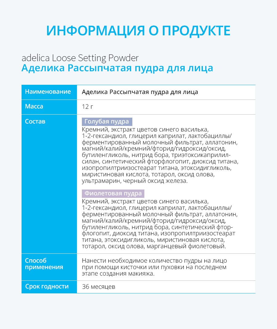 Информация о продукте Атоми Аделика рассыпчатая пудра: состав, срок годности